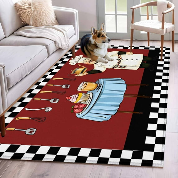 Chef Area Rug 4x6 Washable Rug Non Slip Cartoon Red Food Cooking Black White Buffalo Check Large Area Rug Indoor Floor Carpet for Entryway Bedroom Kitchen Living Room Home Office Dining Room Nursery