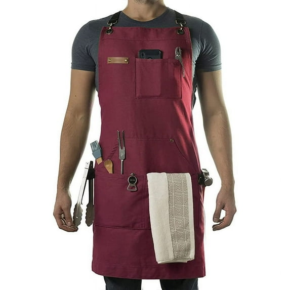 Chef, BBQ and Work Apron with Bottle Opener and Hand Towel - Durable Cotton Canvas, Brass Hardware and Cross Back Straps - For Men, Women, Grilling, and Cooking