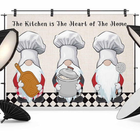 The Chef Backdrop for Photography, Gnome Kitchen Linen Black Buffalo Plaid Photo Backdrop Portrait Background Party Banner Photo Backgrounds for Studio Booth Props, 7x5ft