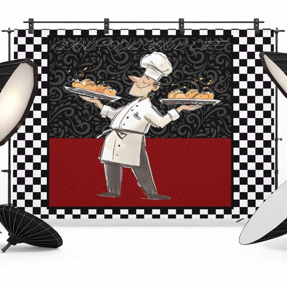 Chef Backdrop for Photoshoot, Photography Photo Studio Background Wall Backdrop, Cartoon Cute Watercolor Cooking Red Black Back Drop Banner Panel for Portraits Wedding Live Streaming Decor 7x5Ft