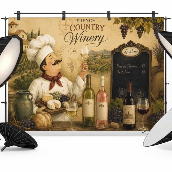 Chef Backdrops for Photography, Wine Bottles Grapes Cheese Rustic Farmhouse Fabric Photo Background Sturdy Studio Props for Photo Studio, Video Recording, Booth & Photoshoot 10x8ft