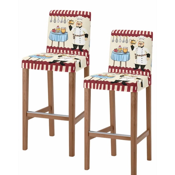 Chef Bar Stool Covers Set of 2, Red Fruit Cake Hat Kitchen Gourmet Vintage Stretch Washable Bar Chair Covers with Backs, Removable Pub Counter Height Chair Cover for Kitchen Dining Room Cafe