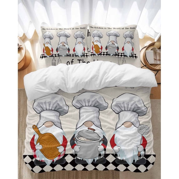 The Chef Bedding Duvet Cover Set King Size 4 Pieces Gnome Kitchen Linen Black Buffalo Plaid Bedding Set with Zipper Closure, 1 Comforter Cover 92x106 Inches 1 Flat Sheet & 2 Pillow Cases