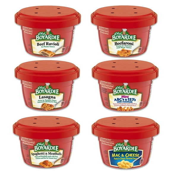 Chef Boyardee 7.5oz Variety Pack of 6- Beef Ravioli, Beefaroni, Spaghetti and Meatballs, Mac and Cheese, ABC123, Lasagna