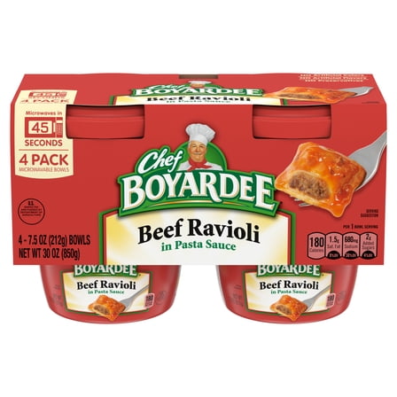 Chef Boyardee Beef Ravioli in Pasta Sauce, Microwavable Meal, 7.5 oz. Bowl, 4-Count
