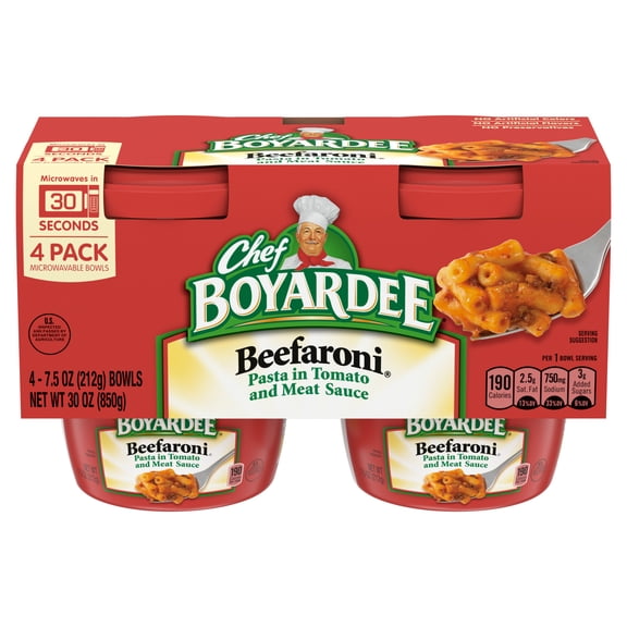 Chef Boyardee Beefaroni in Tomato and Meat Sauce, Microwavable Meal, 7.5 oz. Bowl , 4-Count