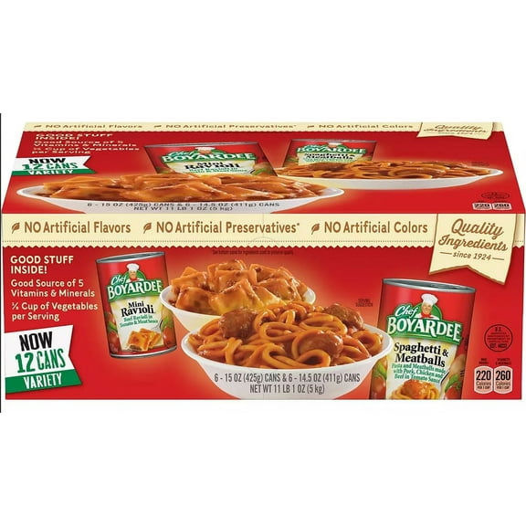 Chef Boyardee Microwavable Mini Ravioli and Spaghetti & Meatballs Variety Pack, (15oz Each Can/12pk)