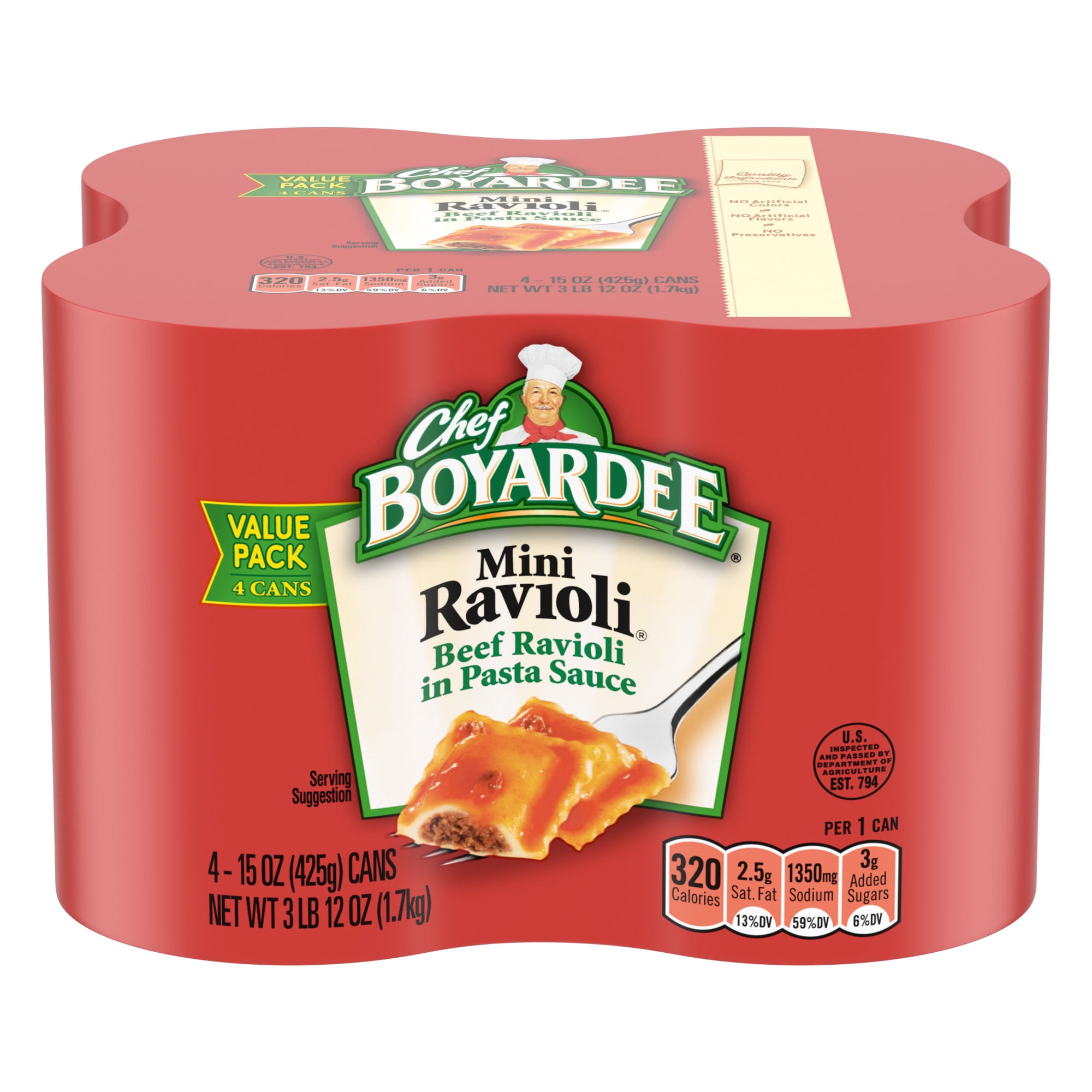 Chef Boyardee Mini Beef Ravioli in Tomato Sauce, Microwave Pasta, 4 Pack, 15 oz