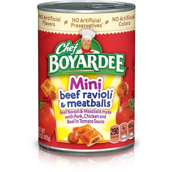 Chef Boyardee Mini Beef Ravioli and Meatballs in Tomato Sauce, Ready-to-Eat Meal, 15 oz. Can