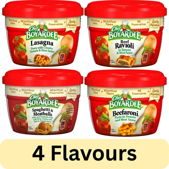 Chef Boyardee Variety Pack Microwavable Bowls 4 Pack (7.5 Oz. Each) - Beef Ravioli, Spaghetti & Meatballs, Beefaroni, Lasagna
