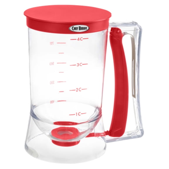 Chef Buddy 4-Cup Pancake Batter Dispenser with Squeeze Handle (Red)