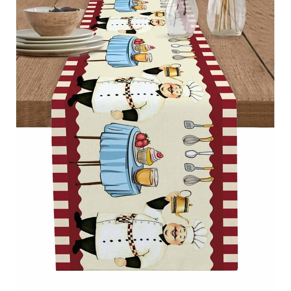 Chef Burlap Cotton Table Runner 16x72 Inches Long, Red Fruit Cake Hat Kitchen Gourmet Vintage Farmhouse Table Runners, Outdoor Dining Tablecloths Decor for Baby Shower/Party/Wedding