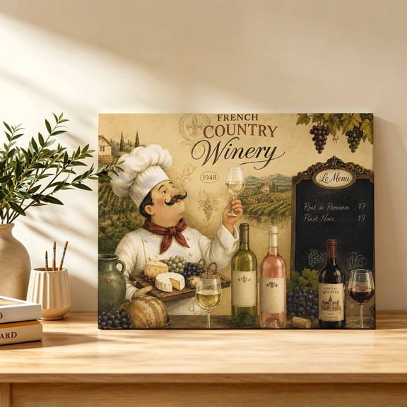 Chef Canvas Wall Art, Wine Bottles Grapes Cheese Rustic Farmhouse Wall Art Prints Artwork Framed Canvas Ready to Hang Art Pictures for Bathroom, Dressing Table, Entryway 12" x 8"