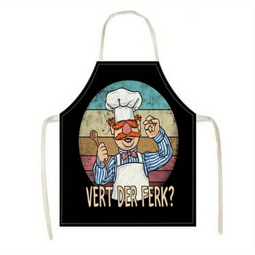 Chef Cartoon Apron - Durable Stain-Resistant Kitchen Apron with Adjustable Neck Strap, Woven Polyester, Quirky "Vert Der Ferk?" Cooking Apron for Men and Women Ethyie