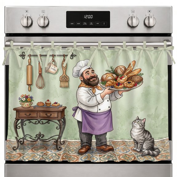 Chef Cat Oven Skirt Curtain, 32x24 Inch Rustic Bread Pastry Kitchen Culinary Domestic Gourmet Kitchen Tie Top Oven Curtain for Door, Decorative Stove Skirt Dishwasher Cover With Ribbon Ties