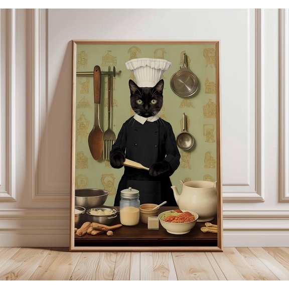 Chef Cat Poster, Funny Kitchen Wall Art, Black Cat Cooking Print, Poster Only