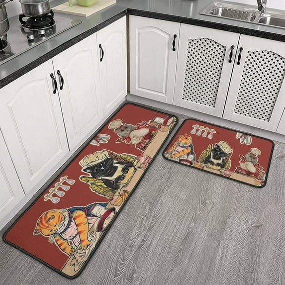 Chef Cats Kitchen Rugs and Mats Anti Fatigue, Cat Kitchen Mat Cushioned Anti Fatigue 2 Piece Set and Red Kitchen Floor Mat for in Front of Sink for Home Kitchen Decor or Office 17"x30"+17"x47"