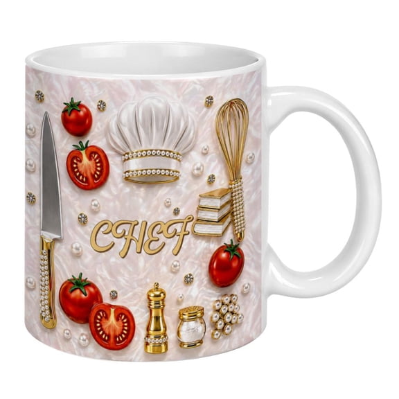 Chef Ceramic Coffee Mug with Kitchen Utensils Design, Cooking-Themed Cup for Men Women Dad Husband, Unique Kitchen Decor Gift for Cooking Lovers