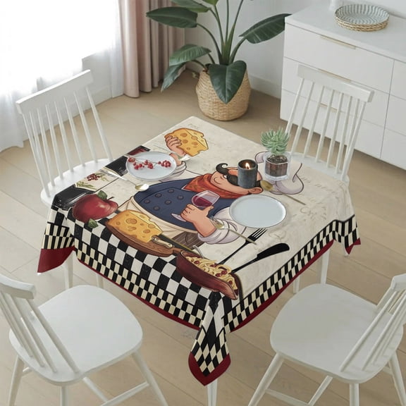 Chef with Cheese Table Cloth 54x54in, Waterproof Square Tablecloth Wipeable Tablecloths Wine Bottle Black Plaid Frame Table Covers for Dining Tables Party Indoor Outdoor