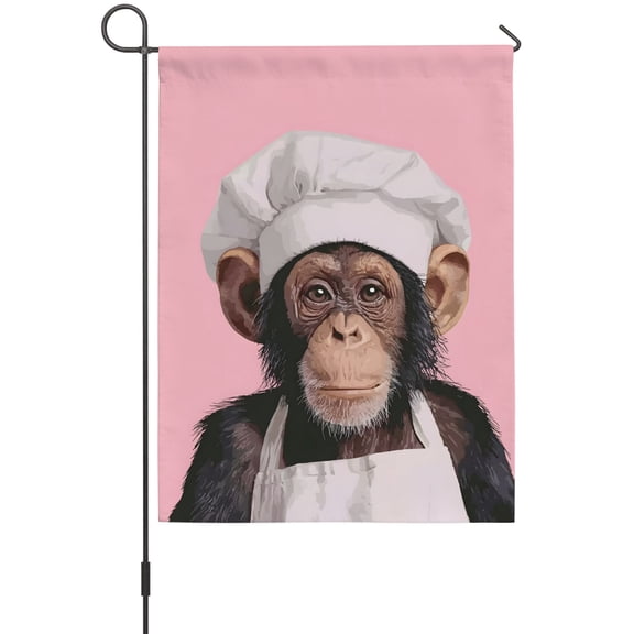 Chef Chimpanzee House Flags For Outdoor, Animal Pink Background Small Double Side Yard Flags Weather Proof House Decor for Lawn Outside Holiday 28 x 40 Inches