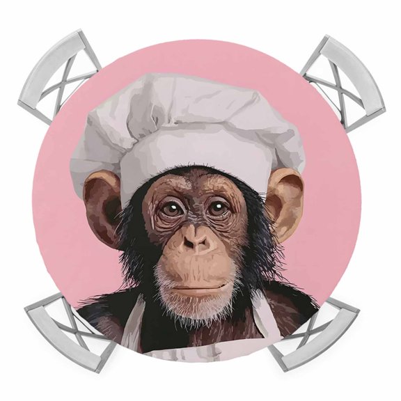 Chef Chimpanzee Round Table Cover, Animal Pink Background Waterproof Fitted Tablecloths for 45"-54" Tables, Washable Picnic Table Cover for Camping Dining Indoor Outdoor