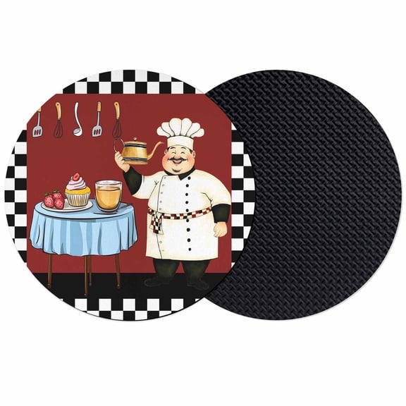 Chef Coasters Set of 2, Soft Absorbent Coasters for Drinks, Cartoon Red Food Cooking Black White Buffalo Check Non-Slip Cup Coaster Mat with Rubber Bottom for Home Kitchen Coffee Bar Table Decor 4"