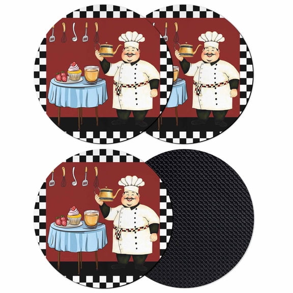Chef Coasters Set of 4, Soft Absorbent Coasters for Drinks, Cartoon Red Food Cooking Black White Buffalo Check Non-Slip Cup Coaster Mat with Rubber Bottom for Home Kitchen Coffee Bar Table Decor 4"