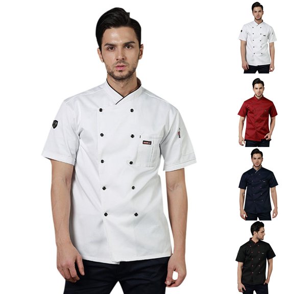 Chef Coat Hotel catering chef overalls Unisex Chef Jacket Long Sleeve Hotel Kitchen with Stylish Red Buttons,Black,M