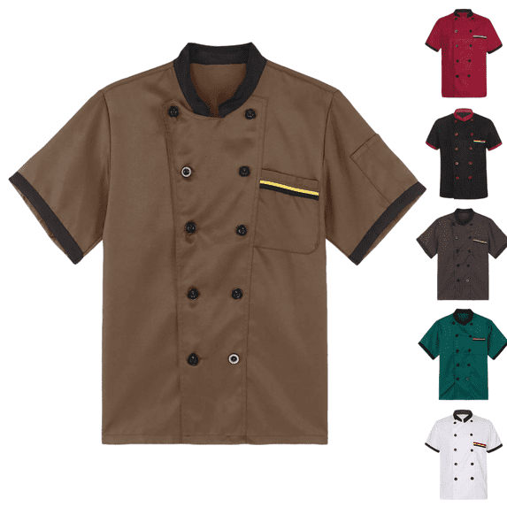 Chef Coat Men Casual Trendy Short Sleeve Button Chef Top Uniform Summmer Comfortable Breathable Restaurant Kitchen Chef Uniform Coffee 2XL