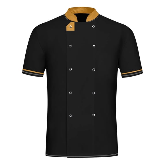 Chef Coat Men And Women Short Sleeve Cotton Chef Jacket With Contrast Trim Double-Breasted Stand Collar Chef Uniform For Kitchen Restaurant Bakery L Black
