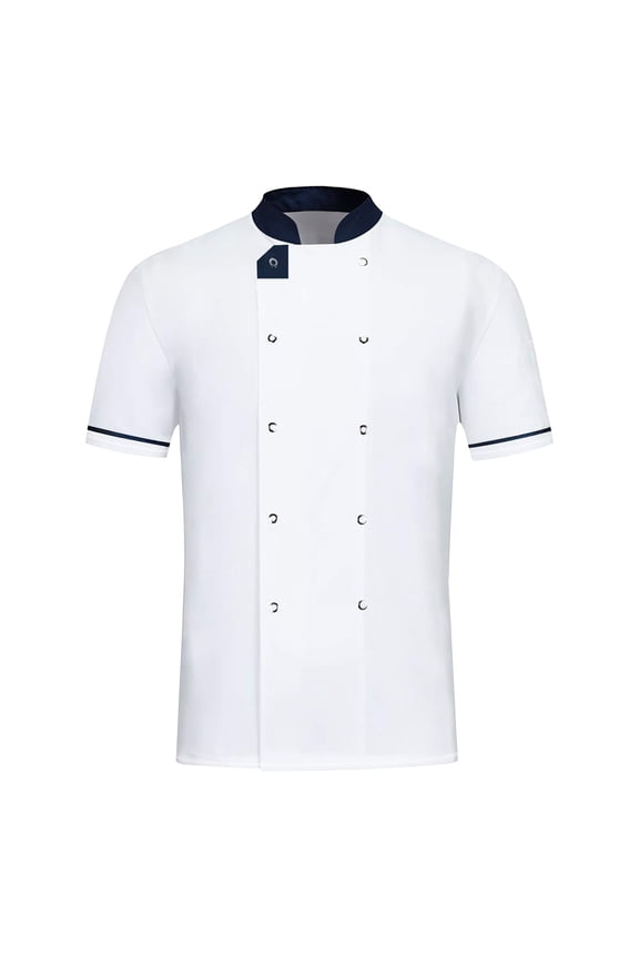 Chef Coat Men And Women Short Sleeve Cotton Chef Jacket With Contrast Trim Double-Breasted Stand Collar Chef Uniform For Kitchen Restaurant Bakery M White