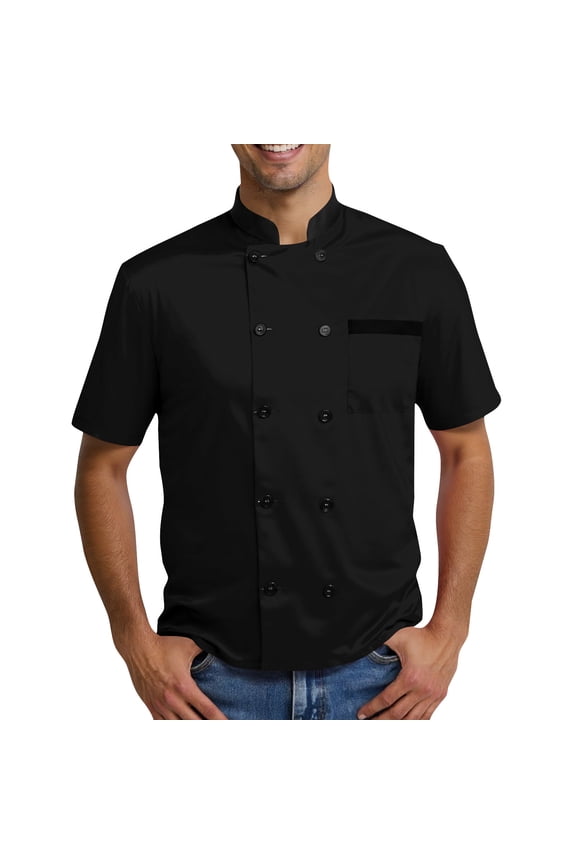 Chef Coat Mens Uniform Short Sleeve Chef Jacket Restaurant Kitchen Work Breathable Clothes Black 2XL