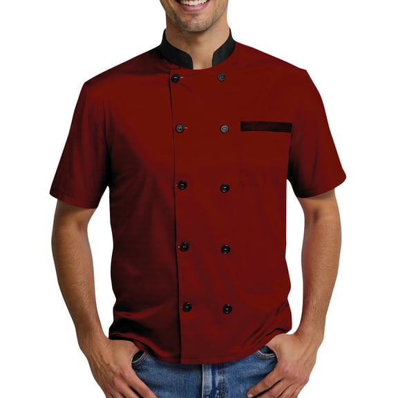 Chef Coat Mens Uniform Short Sleeve Chef Jacket Restaurant Kitchen Work Breathable Clothes Deep Red S