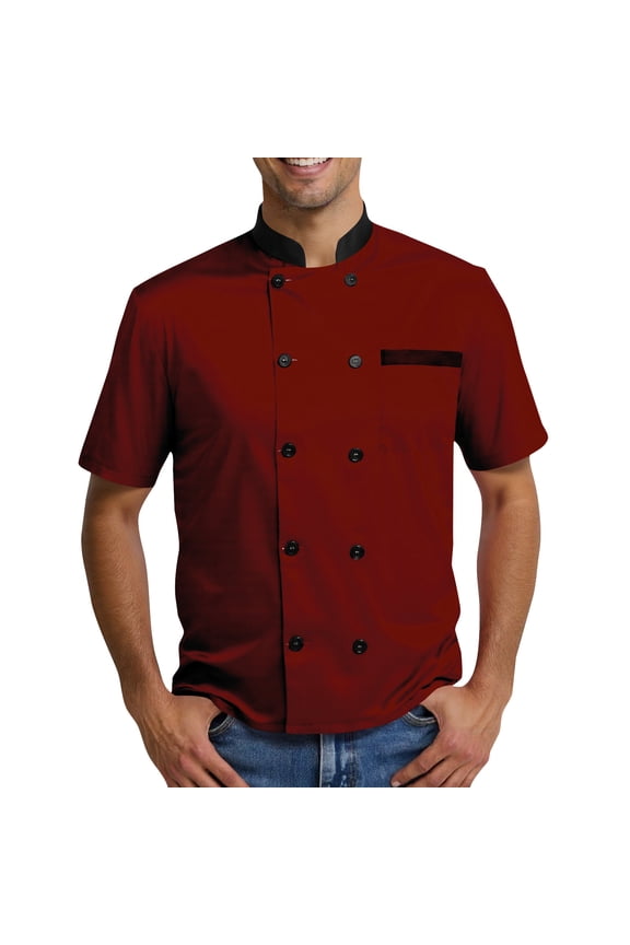 Chef Coat Mens Uniform Short Sleeve Chef Jacket Restaurant Kitchen Work Breathable Clothes Deep Red S