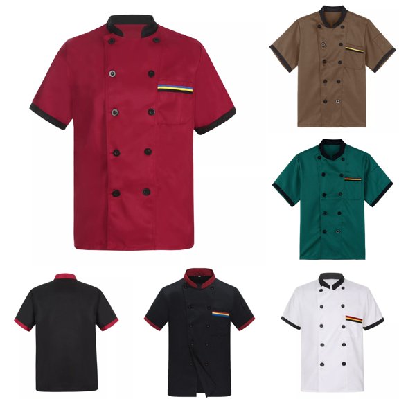 Chef Coat Uniform for Men Lightweight Breathable Short Sleeve Unisex Chef Coat Button Stand Collar Restaurant Working Chefs Jacket Wine 3XL