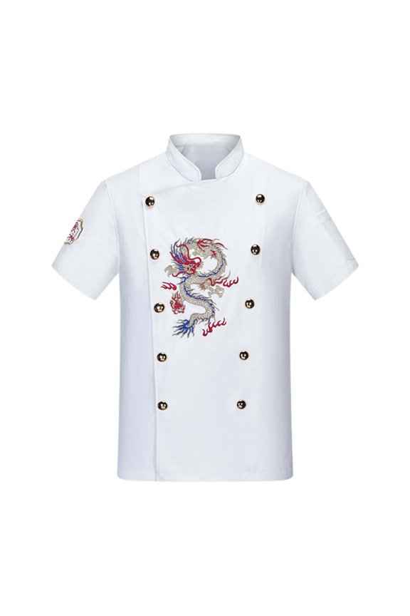 Chef Coat Unisex Chef Jacket Breathable Short Sleeve Hotel Restaurant Summer Long Embroidered Chef Workwear Button Down Restaurant Kitchen Cooking Chef Uniform,Z07-White,XL