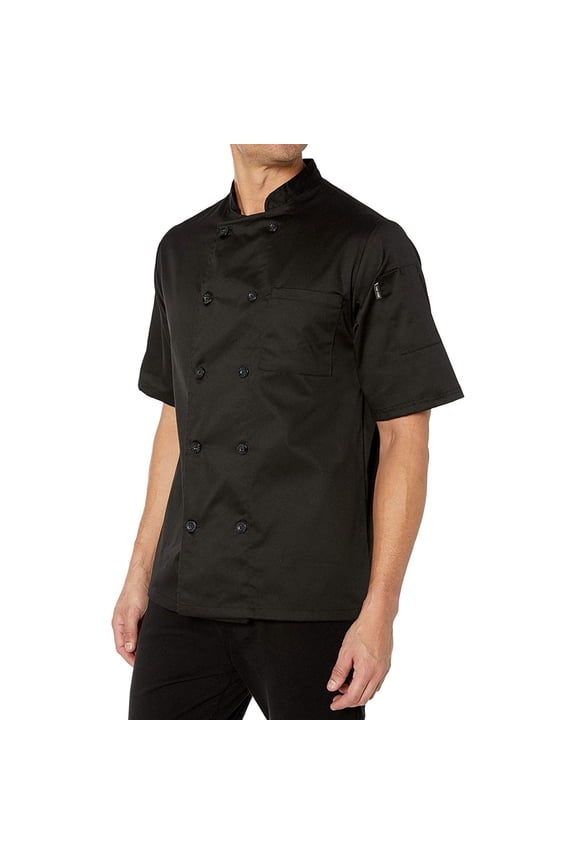 Basic Short Sleeve Chef Coat with Pearl Buttons, Black, XL