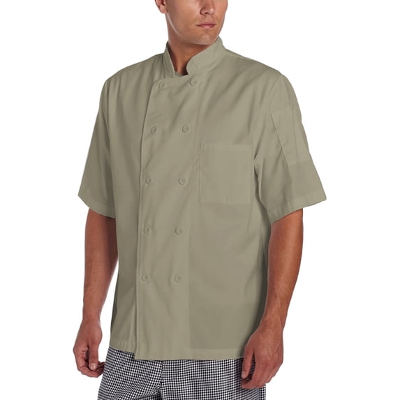 Chef Code Basic Short Sleeve Chef Coat with Pearl Buttons, Chef Jacket, Khaki, M