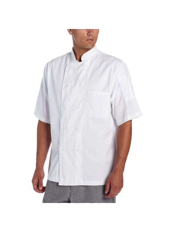Basic Short Sleeve Chef Coat with Pearl Buttons, White, Large