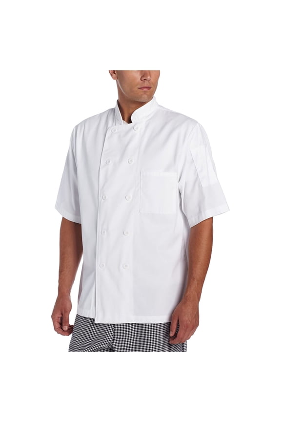 Basic Short Sleeve Chef Coat with Pearl Buttons, White, Medium