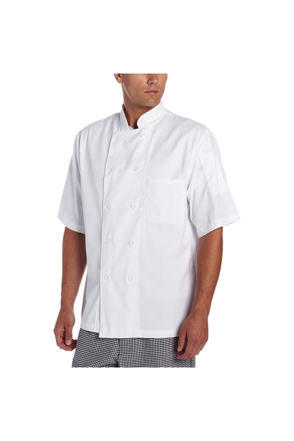 Basic Short Sleeve Chef Coat with Pearl Buttons, White, Small