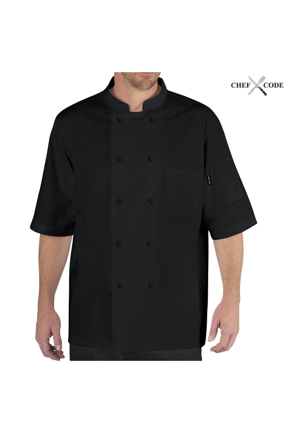 Cool Breeze Chef Coat with Short-Sleeves and Mesh Vent Inlay, Black, M