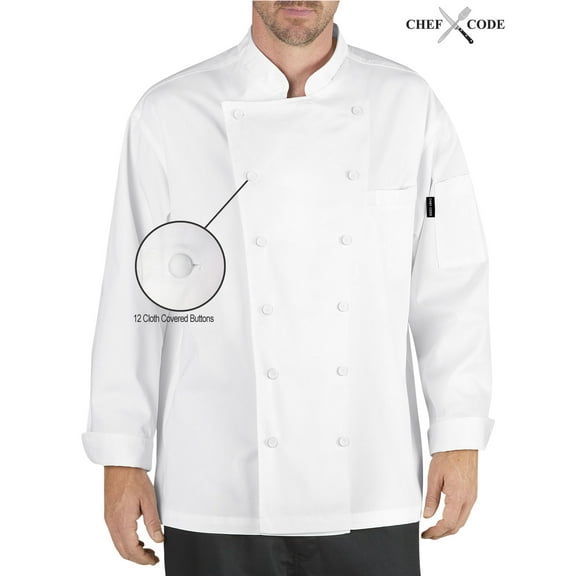 Chef Code Executive Chef Coat Unisex with Cloth Covered Buttons, White, L