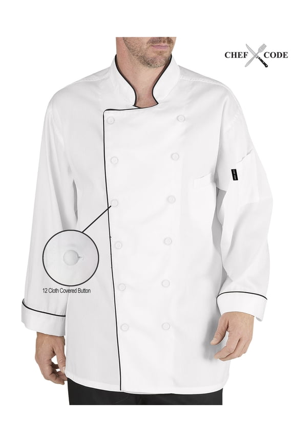 Men's Executive Chef Coat Jacket, French Cuffs, Contrast Piping, White