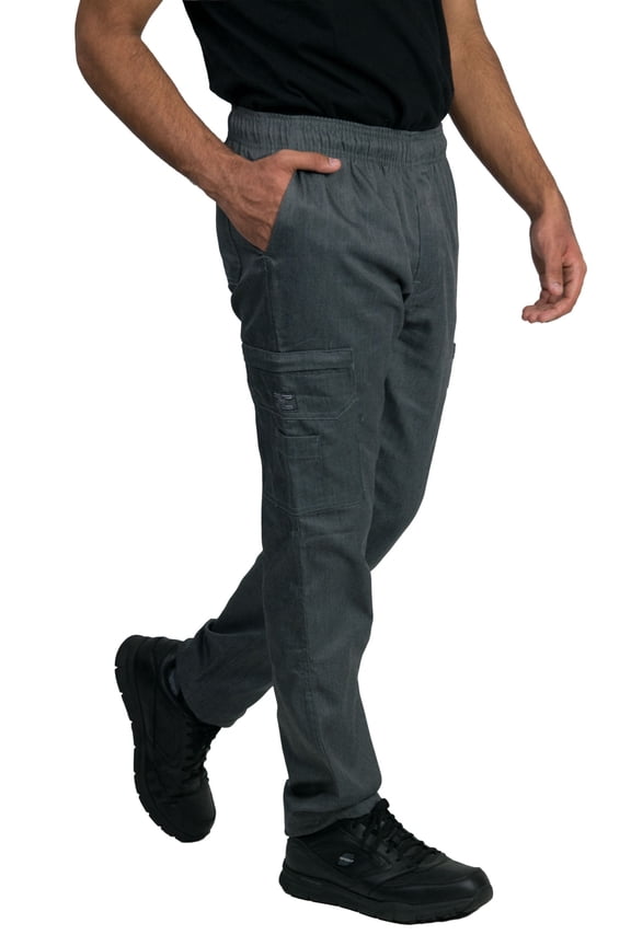 Modern Slim Fit Chef Pants with Zipper Cargo Pockets, Elastic Waist, Charcoal, L