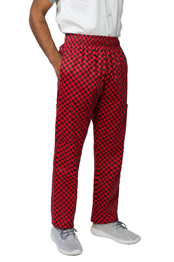 Modern Fit Unisex Cargo Chef Pants, Elastic Waist, Checkered Red, Small