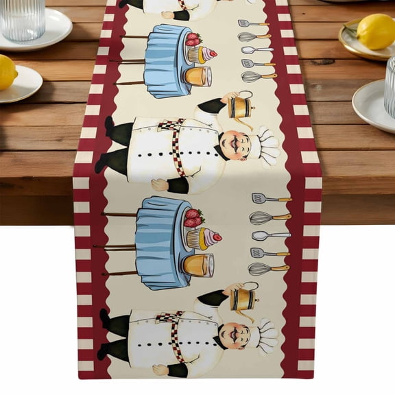 Chef Cotton Linen Table Runner for Dining Kitchen, Red Fruit Cake Hat Kitchen Gourmet Vintage Wedding Outdoor Party Tablerunners Decoration, Dresser Scarf Coffee Tablecloth Runners 13x90 Inches