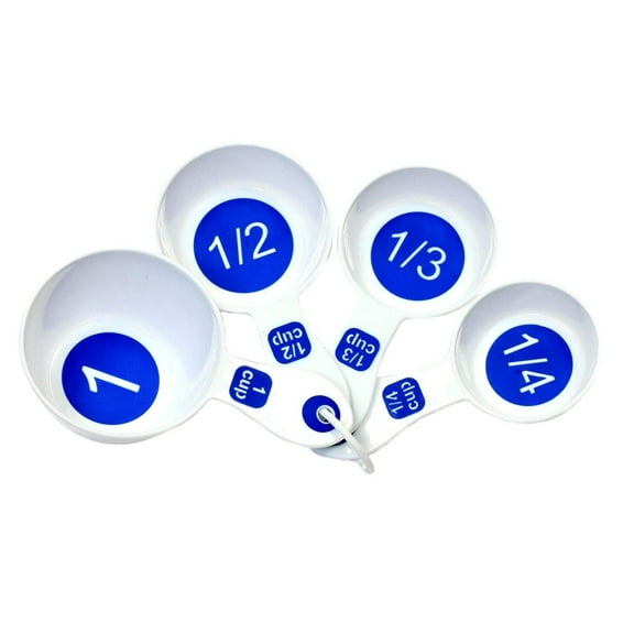 Chef Craft EZ-Read Large Print Plastic Measuring Cups Set, 1/4, 1/3, 1/2, and 1 Cup - White and Blue