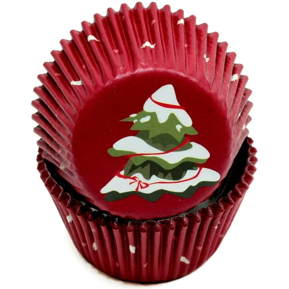 Chef Craft Festive Christmas Tree w Snow Standard Cupcake Liners, Red, 100 Pack