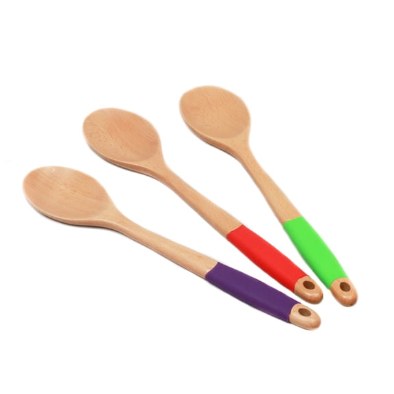 Chef Craft Premium Silicone Handle Wooden Spoon Set, 14 inch 3 Piece Set, Rainbow